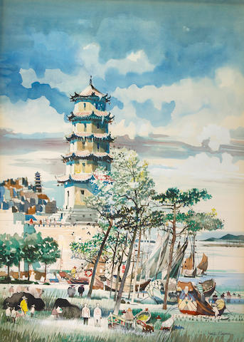 Dong Kingman (American, 1911-2000) Along the China coast 39 x 28in