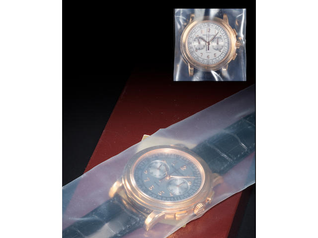 Patek Philippe. A very rare and fine 18K rose gold chronograph wristwatch with register and tachymeter Retailed by Tiffany & Co., Ref:5070R, Case no. 4274227, Movement no. 3362417, sold 2005