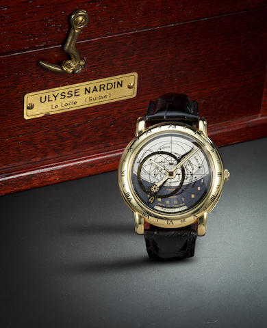 Ulysse Nardin. A fine gold automatic wrist watch incorporating a planispheric astrolabe Galileo Galilei, Astrolabium, Ref:991-22, No. 050