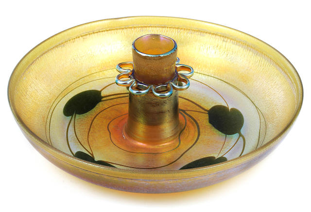 A Tiffany Studios decorated Favrile glass flower bowl and frog circa 1919