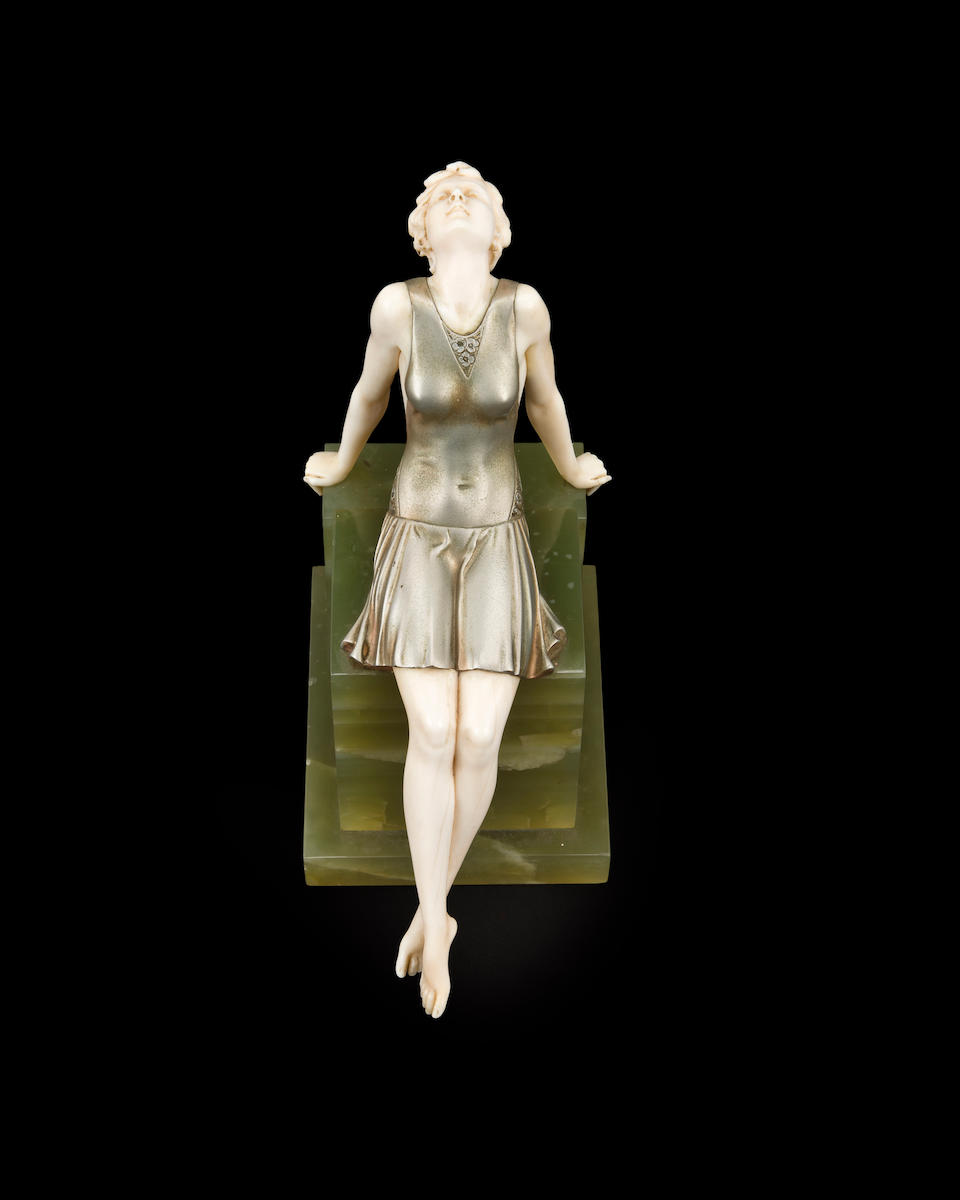 Ferdinand (Fritz) Preiss (German, 1882-1943) Sun Worshipper cold-painted bronze and carved ivory, onyx base  unsigned height 7 1/2in (19cm)