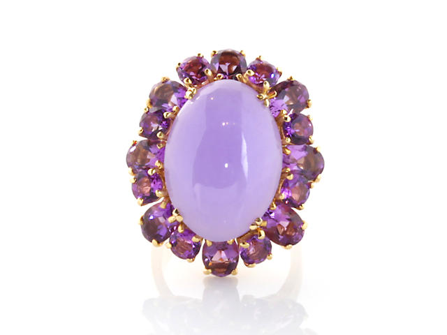 A lavender jade, amethyst and 18k gold ring