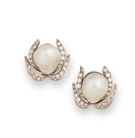 Bonhams : A pair of cultured pearl and diamond earclips, Andrew Grima