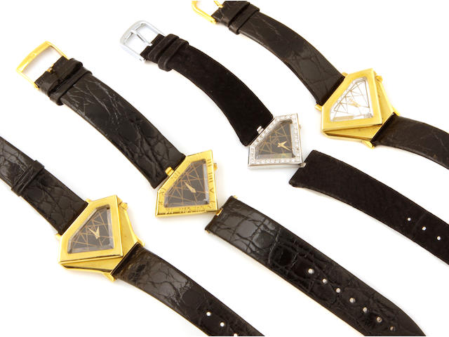 A collection of four 18k gold, diamond and leather quartz wristwatches,