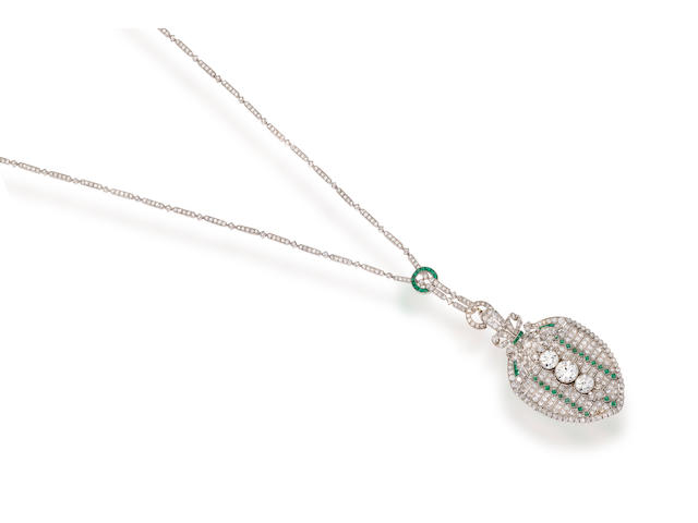 An art deco diamond and emerald pendant necklace,