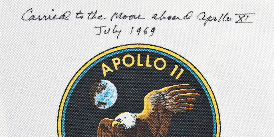 FLOWN APOLLO 11 BETA&#8212;CM PILOT'S OWN. Flown Apollo 11 crew mission emblem, 3&#189; inches in diameter, printed on Beta cloth, printed on Beta cloth,