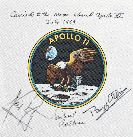 FLOWN APOLLO 11 BETA&#8212;CM PILOT'S OWN. Flown Apollo 11 crew mission emblem, 3&#189; inches in diameter, printed on Beta cloth, printed on Beta cloth,