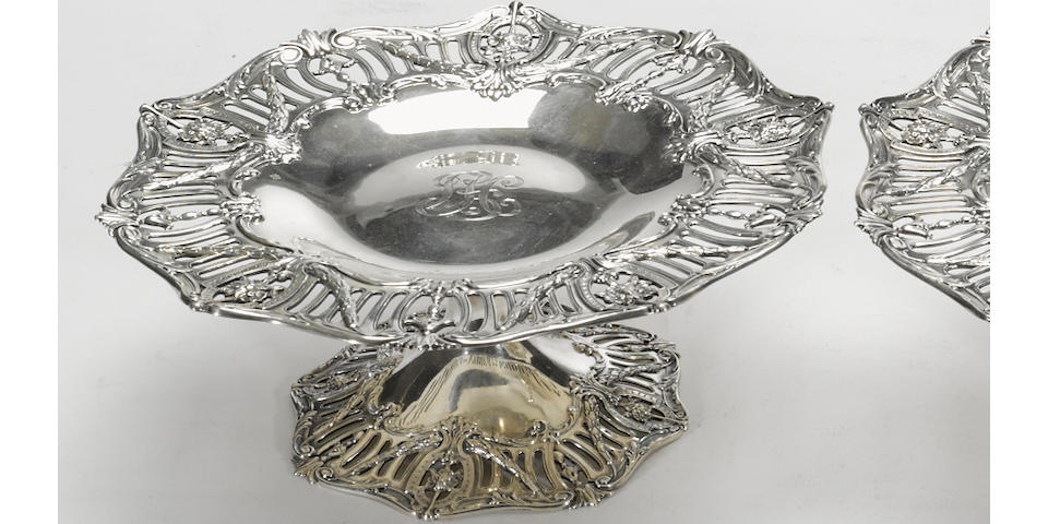 A sterling pair of dessert stands Graff, Washbourne & Dunn, New York, NY, retailed by Black, Starr & Frost  French Border, hand chased, # 46/2983, monogrammed: LH