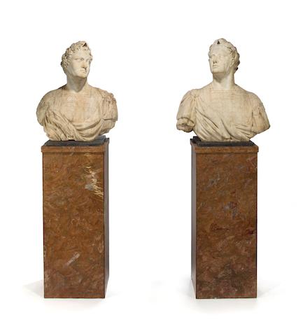 A pair of French or Italian Baroque white marble busts of Roman emperors on marble pedestals late 18th/early 19th century