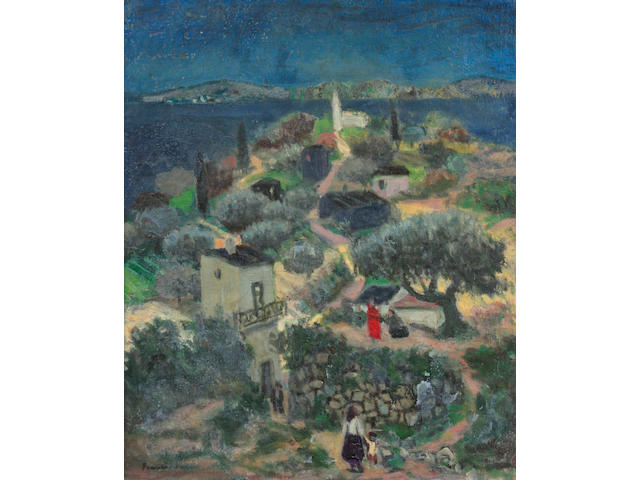 Francis Smith (Portuguese, 1881-1961) Figures in a hillside village scene 21 1/2 x 18 1/4in