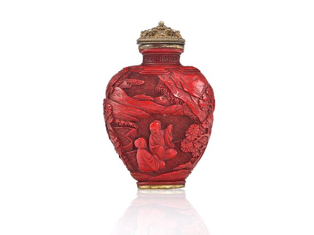 A carved cinnabar lacquer snuff bottle Probably Imperial, possibly Palace workshops, 1730-1820