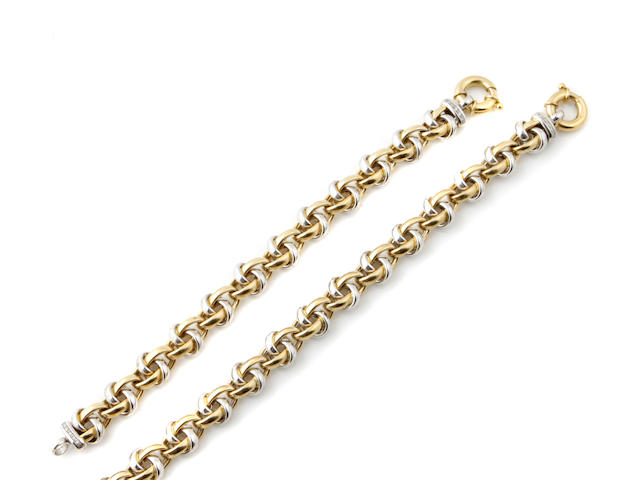 A diamond and bicolor 18k gold necklace and bracelet