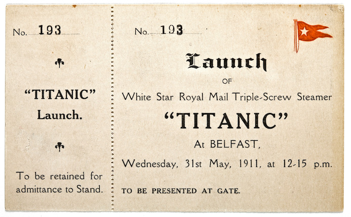 TITANIC A rare and important ticket to the launching of the R.M.S. Titanic  31st May 1911 3-1/4 x 5-3/8 in. (8.25 x 13.8 cm.) image 2