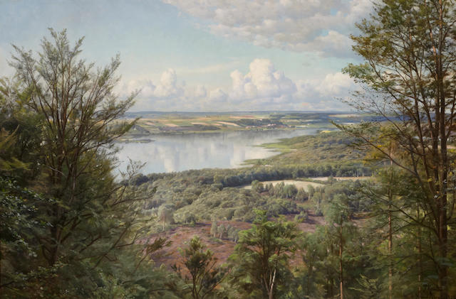 Peder Mork M&#246;nsted (Danish, 1859-1941) A view from Hans Christian Andersen's bank, Himmelbjergit, Denmark 36 x 53 1/2in (91.5 x 135.9cm)