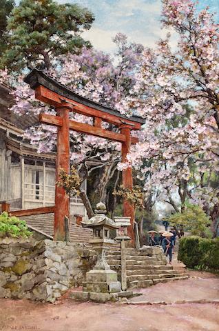 Alfred William Parsons (British, 1847-1920) Cherry blossoms before a temple near Yoshino, Japan 19 1/2 x 13in (49.5 x 33cm)