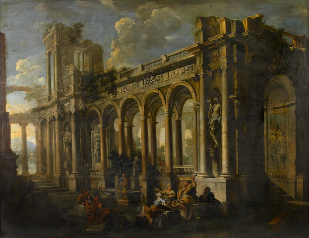 Attributed to Pietro Cappelli (Italian, ?-1724) An architectural capriccio with figures in the foreground 51 1/4 x 68in (130.2 x 172.7cm)