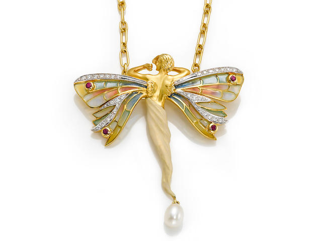 A plique-&#224;-jour, enamel, diamond, ruby and cultured pearl winged woman pendant/brooch with chain, Masriera