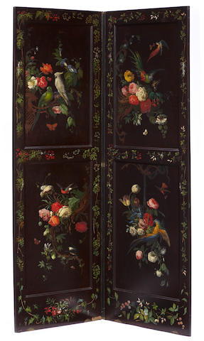 A Continental paint decorated two fold floor screen