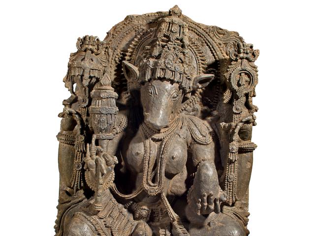A gray chloritic schist figure of Varahi Karnataka, Hoysala period, 12th century