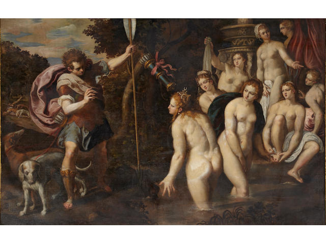 Attributed to Paolo Fiammingo dei Franceschi (Antwerp 1540-1596 Perugia) Diana surprised at her bath 71 x 108 1/2in (180.3 x 275.6cm)