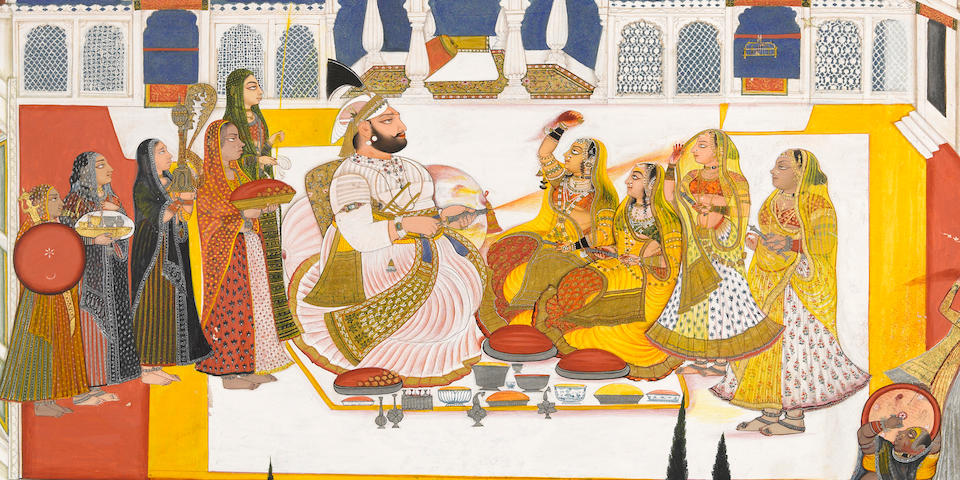 Rawat Gokal Das celebrating holi in the zenana Signed Bagta, Devgarh, dated 1808