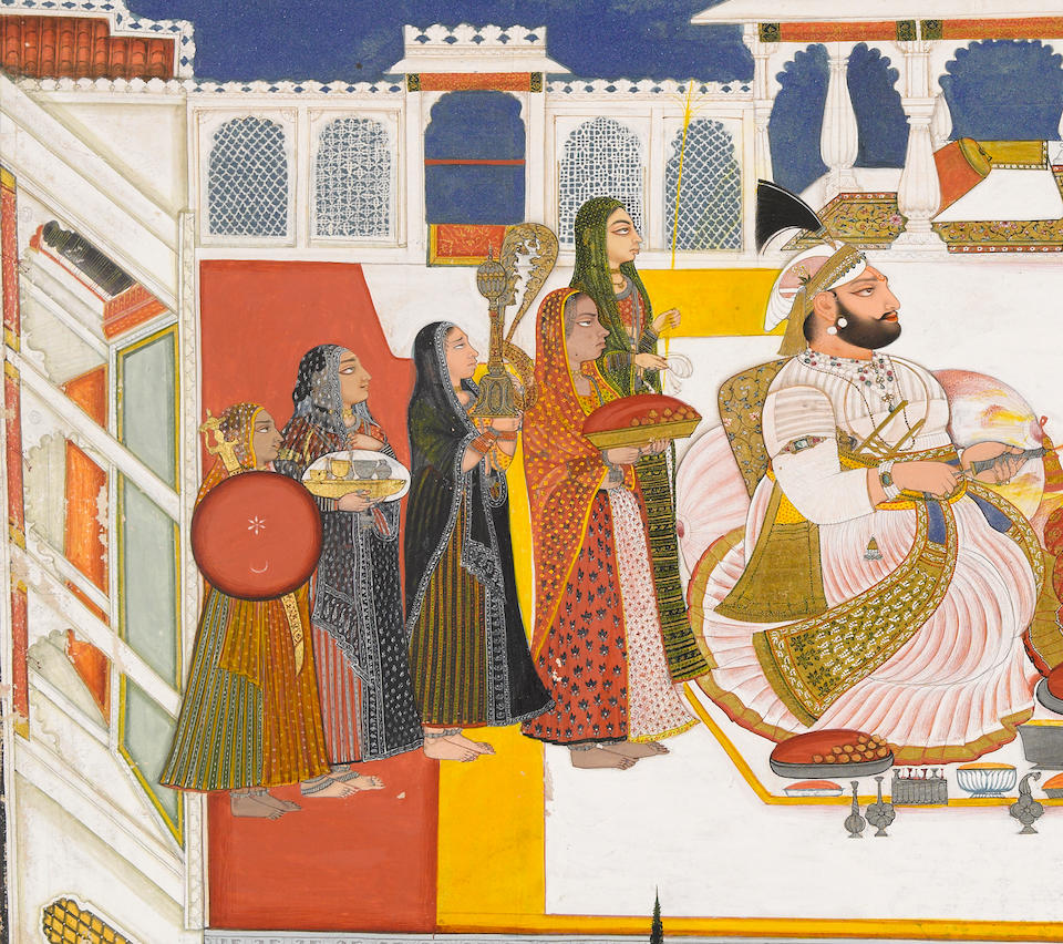 Rawat Gokal Das celebrating holi in the zenana Signed Bagta, Devgarh, dated 1808