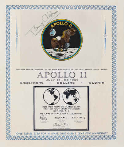 FLOWN ON APOLLO 11&#8212;CREW BETA EMBLEM. SIGNED BY ALDRIN, WITH NOTE ON EMBLEM'S MEANING.  Flown Apollo 11 Beta cloth crew emblem,