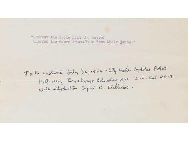 GINSBERG, ALLEN. 1926-1997. Howl, for Carl Solomon. [San Francisco State College: typed by Robert Creeley and dittoed by Marthe Rexroth, May 16, 1956.]