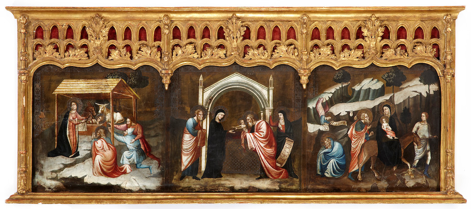 Italian School, 16th Century The Adoration of the Shepherds, The Presentation of Jesus at the Temple, The Flight into Egypt (a predella) 15 x 47 1/2in (38.1 x 120.7cm) image 1