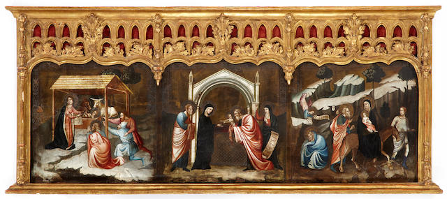Italian School, 16th Century The Adoration of the Shepherds, The Presentation of Jesus at the Temple, The Flight into Egypt (a predella) 15 x 47 1/2in (38.1 x 120.7cm)