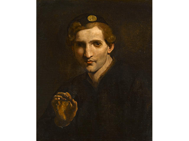 Circle of Pietro Paolini, called il Lucchese (Lucca 1603-1681) A young man holding a butterfly 23 1/4 x 19 1/4in (59 x 48.9cm)
