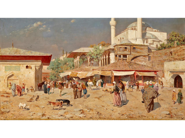 Odoardo Toscani (Italian, 1859-1914) A busy street outside of a mosque 41 x 73in (104.2 x 185.4cm)