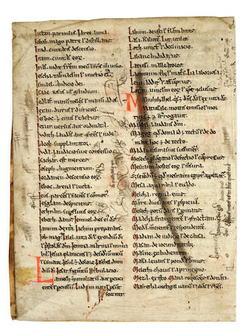 LEAVES&#8212; ENGLISH. [JEROME, SAINT.] Latin manuscript on vellum, from the  the Interpretationes Nominum Hebraicorum.