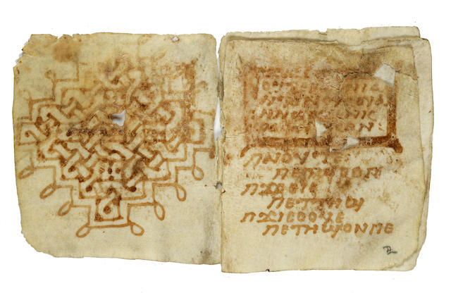 COPTIC-GREEK WORD BOOK AND GLOSSARY. Manuscript on vellum, 10 leaves recto and verso (of which the final three are blank) being a single quire, 16mo (approx 68 x 63 mm), [Egypt, 6th or 7th century],