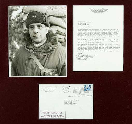 THE FIRST MAIL TO ORBIT OUR PLANET. WHITE, THOMAS DRESSER. Typed Letter Signed ("Thomas D. White"), 1 p with conjoined blank, 9 x 7 inches, Vandenberg Air Force Base, [November 12, 1960], to General Lyman L. Lemnitzer,