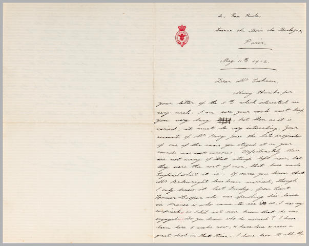 TITANIC AFTERMATH&#8212;WINDSOR, EDWARD, DUKE OF.  1894-1972. Autograph Letter Signed ("Edward"), 3 pp recto and verso, 4to, Paris, May 11, 1912, to Cookson, on Royal stationery, including a mention of the recent Titanic disaster,