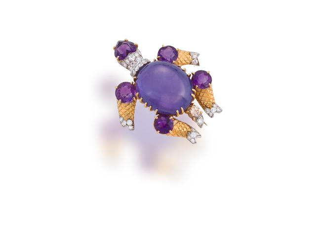 A color-change star sapphire, amethyst, and diamond brooch, Cartier,