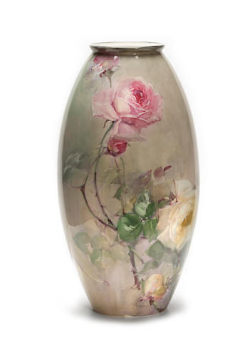 Franz Arthur Bischoff (American, 1864-1929) Ovoid vase with pink and yellow roses, 1908 height: 14 3/4in