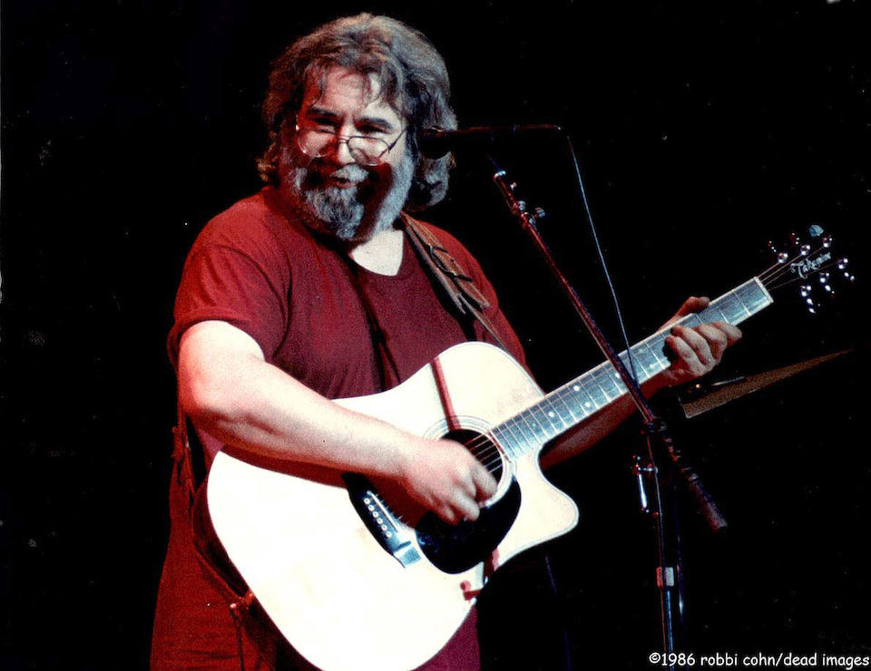 A Jerry Garcia onstage worn, red t-shirt, ca. 1985