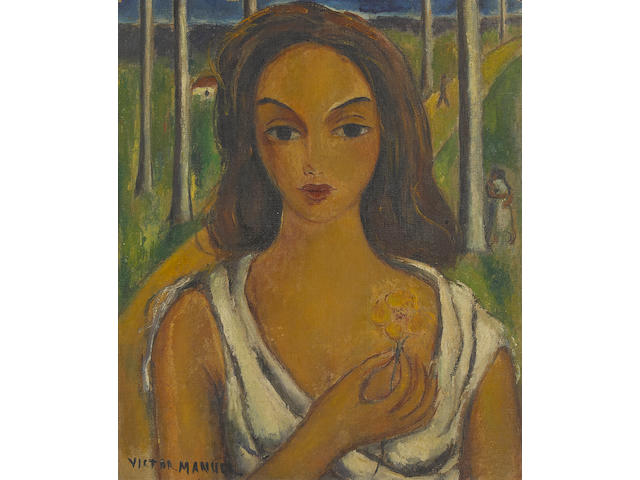 Victor Manuel (1897-1969) Portrait of a woman holding a flower 18 1/2 x 15 3/4in. (47 x 40cm)
