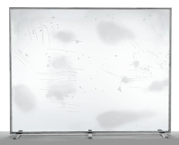Michael Heizer (born 1944) Sandblasted Etched Glass Window, 1974 window 83 x 107 x 1/8in (210.8 x 271.8 x 0.3cm)  with frame 86 1/2 x 109 1/2 x 22 1/2in (219.7 x 278.1 x 57.2cm)