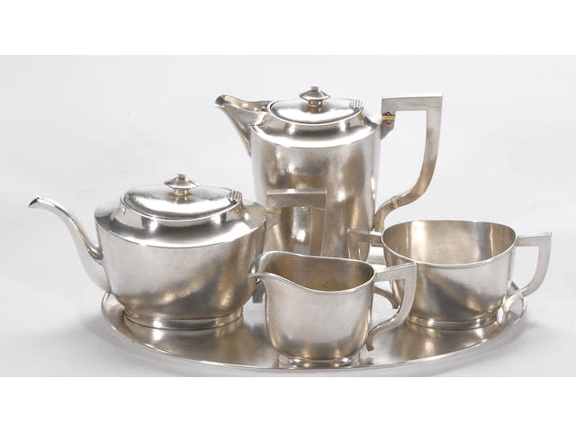 A Chinese export silver four piece tea set with matching tray Luen Hing, Shanghai, circa 1910  (5)