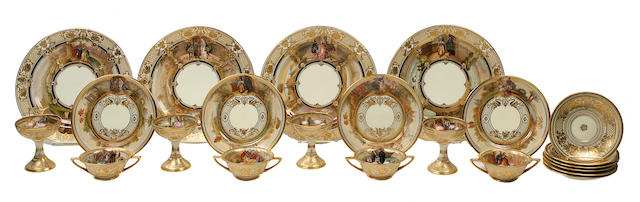 A Dresden parcel gilt porcelain large table service  early 20th century, later painted by Ambrosius Lamm, depicting operas by Wagner