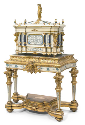 An impressive exhibition quality gilt bronze and lapis mounted natural and stained ivory serre bijoux on associated giltwood, natural and stained ivory stand  second half 19th century image 1