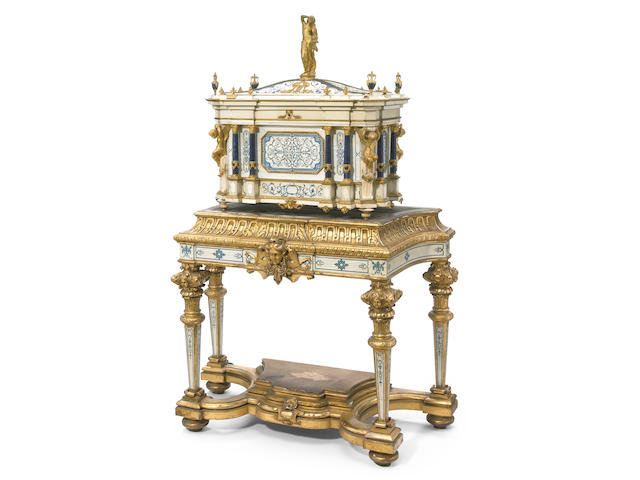 An impressive exhibition quality gilt bronze and lapis mounted natural and stained ivory serre bijoux on associated giltwood, natural and stained ivory stand  second half 19th century