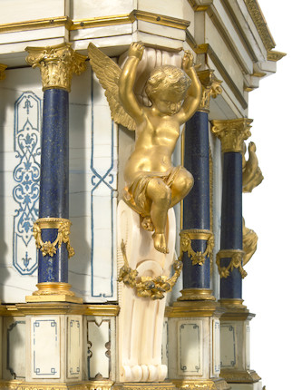 An impressive exhibition quality gilt bronze and lapis mounted natural and stained ivory serre bijoux on associated giltwood, natural and stained ivory stand  second half 19th century image 4