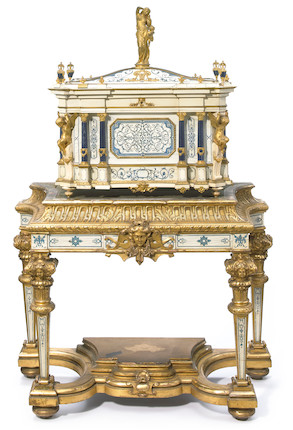 An impressive exhibition quality gilt bronze and lapis mounted natural and stained ivory serre bijoux on associated giltwood, natural and stained ivory stand  second half 19th century image 2