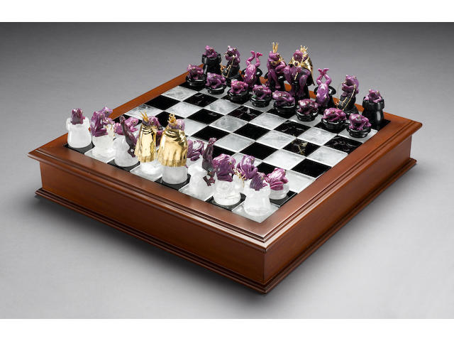 Ruby, Obsidian and Rock Crystal Quartz Chess Set-"The Frog Prince"
