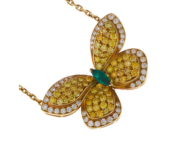 A colored diamond, diamond and emerald butterfly pendant/necklace, Van Cleef & Arpels, French