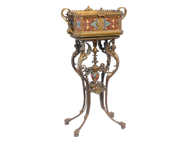 A good quality French gilt bronze and champlev&#233; jardini&#232;re on stand  attributed to F. Barbedienne foundry, Paris fourth quarter 19th century